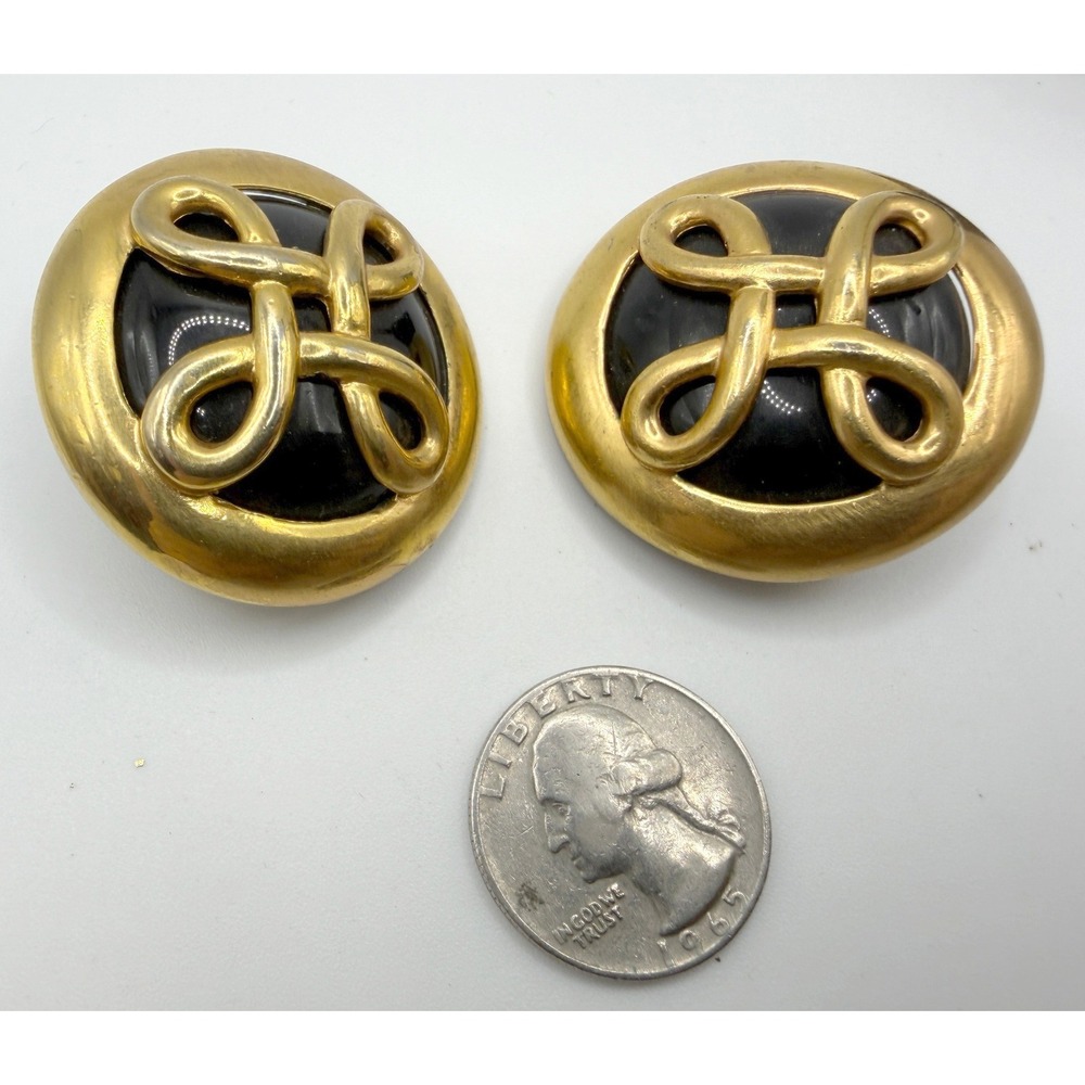 Gold Black Cabochon Clip On Earrings 1.5" Bold‎ Vintage